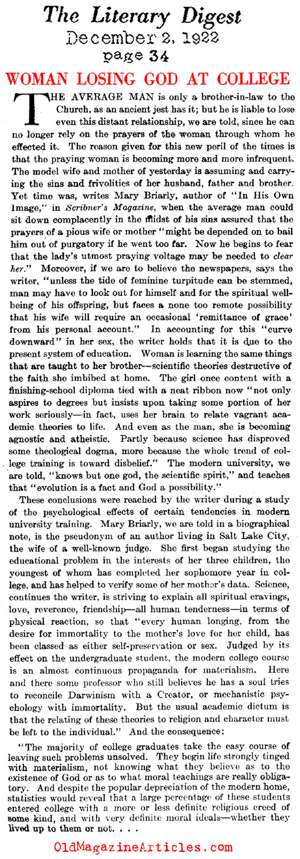 Decline of Religiosity Among College Women <BR>(Literary Digest, 1922)